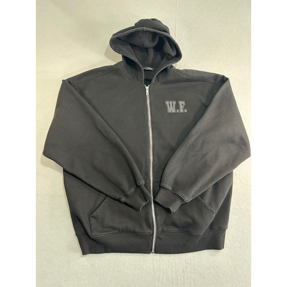 White Fox‎ Zip Up Hoodie Womens L/XL Black Oversized Puff Print Logo Fleece